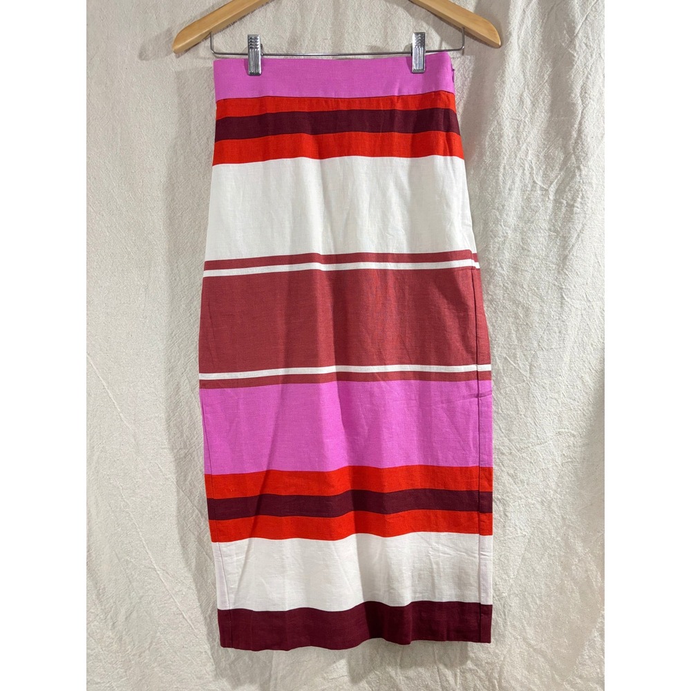 Ann Taylor Linen Blend Striped Midi Pencil Skirt Pink Red White Size 00